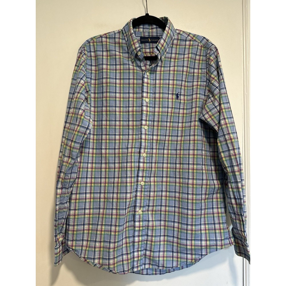 VTG Ralph Lauren Mens Sz: M Long Sleeve Button Down Shirt Colorful Rainbow Plaid